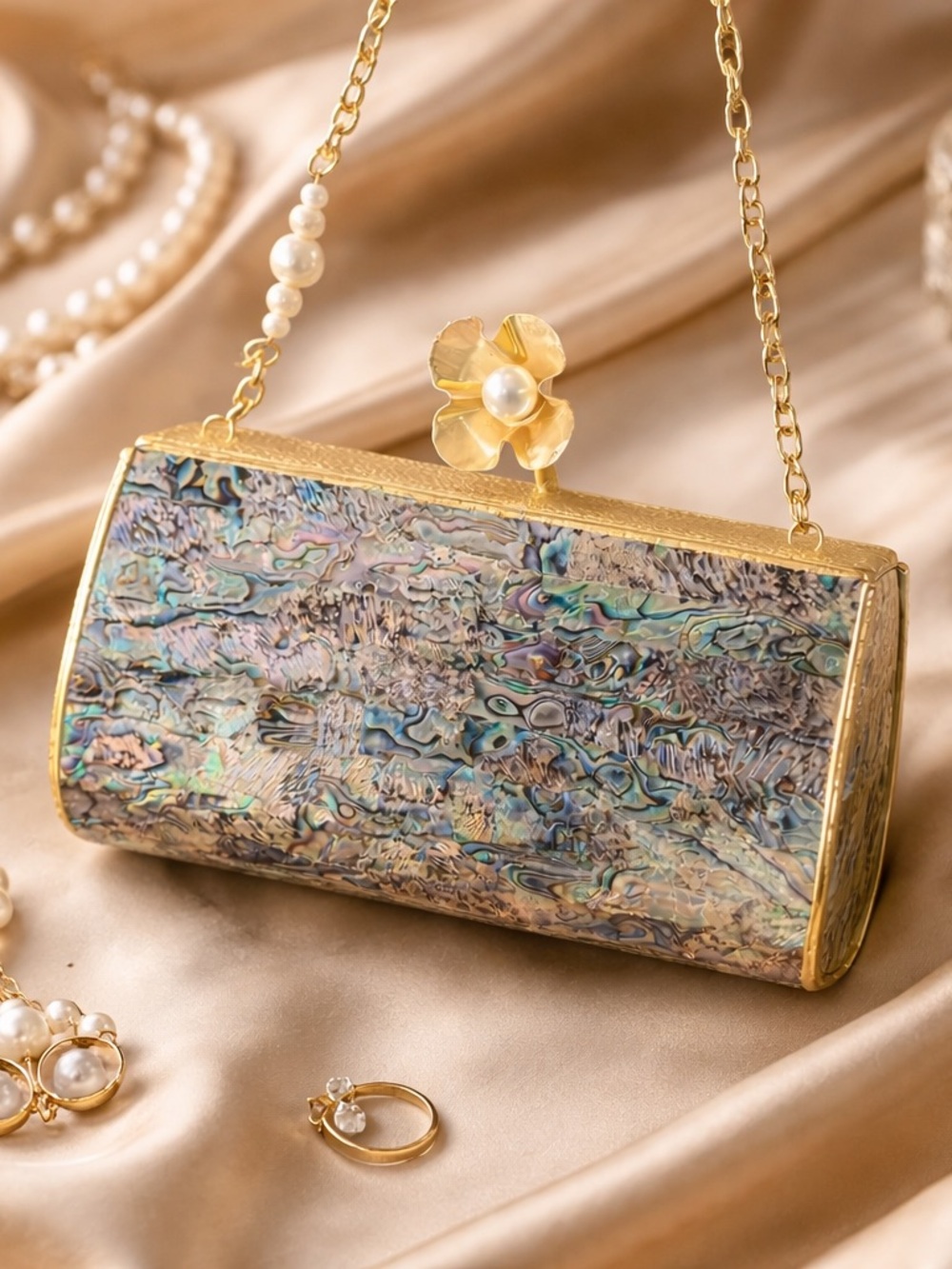 Gold-Trim Abalone Shell Evening Clutch with Floral Pearl Accent - Picture 4 of 7